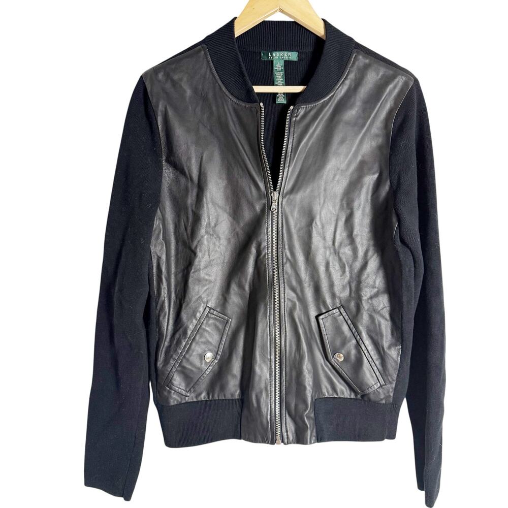 Lauren Ralph Lauren Black Leather Knit Zip Up Biker Moto Bomber Jacket Size L